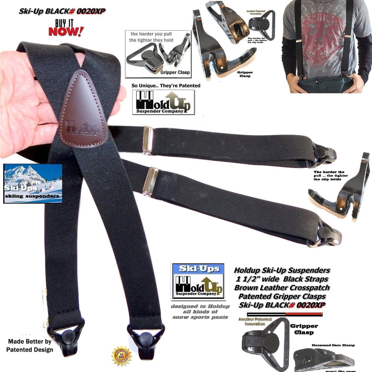 Holdup Brand 1 1/2" Wide Black Ski-Up X-back Suspenders with USA Patented Gripper Clasps