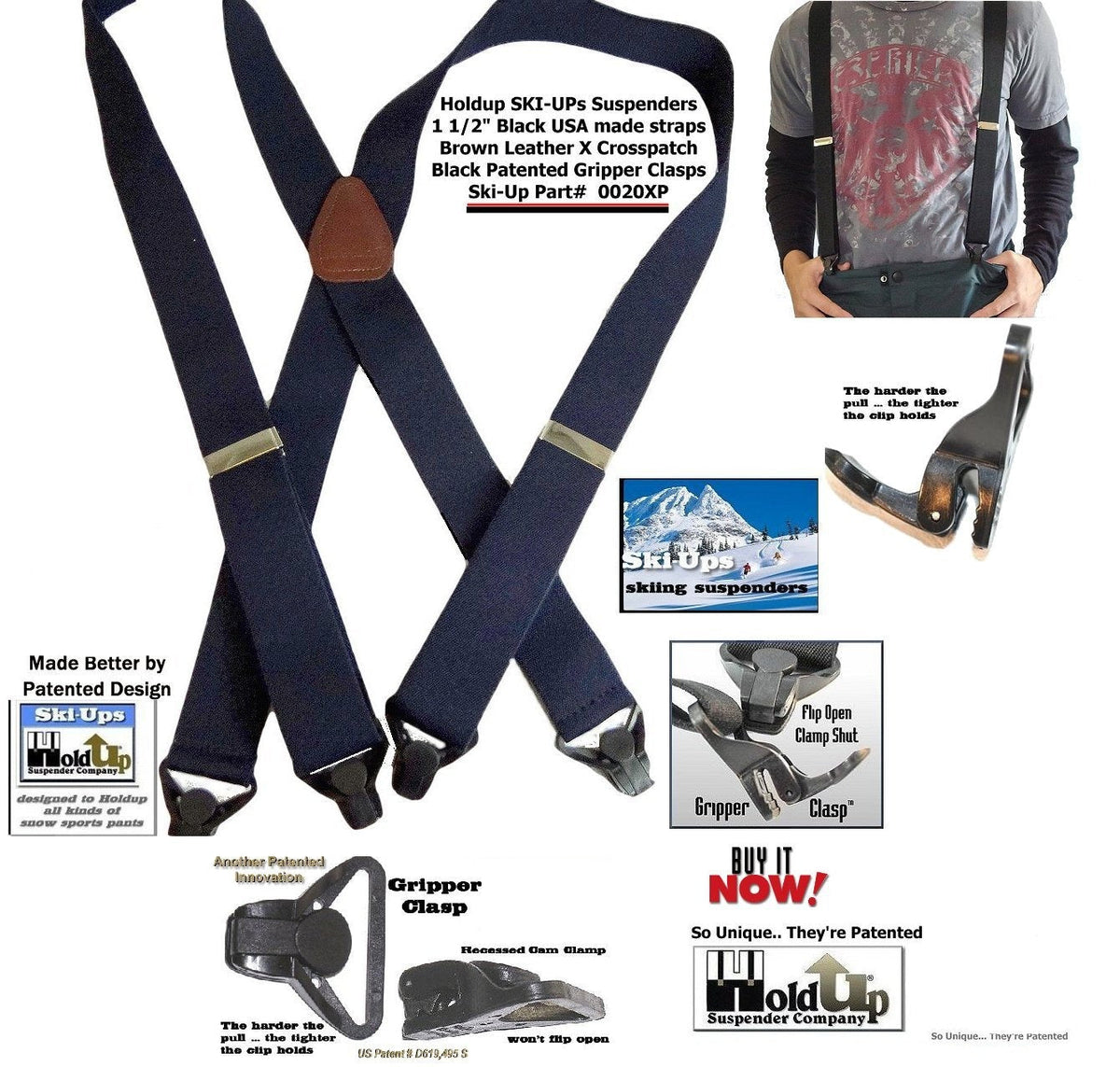 Holdup Brand 1 1/2" Wide Black Ski-Up X-back Suspenders with USA Patented Gripper Clasps