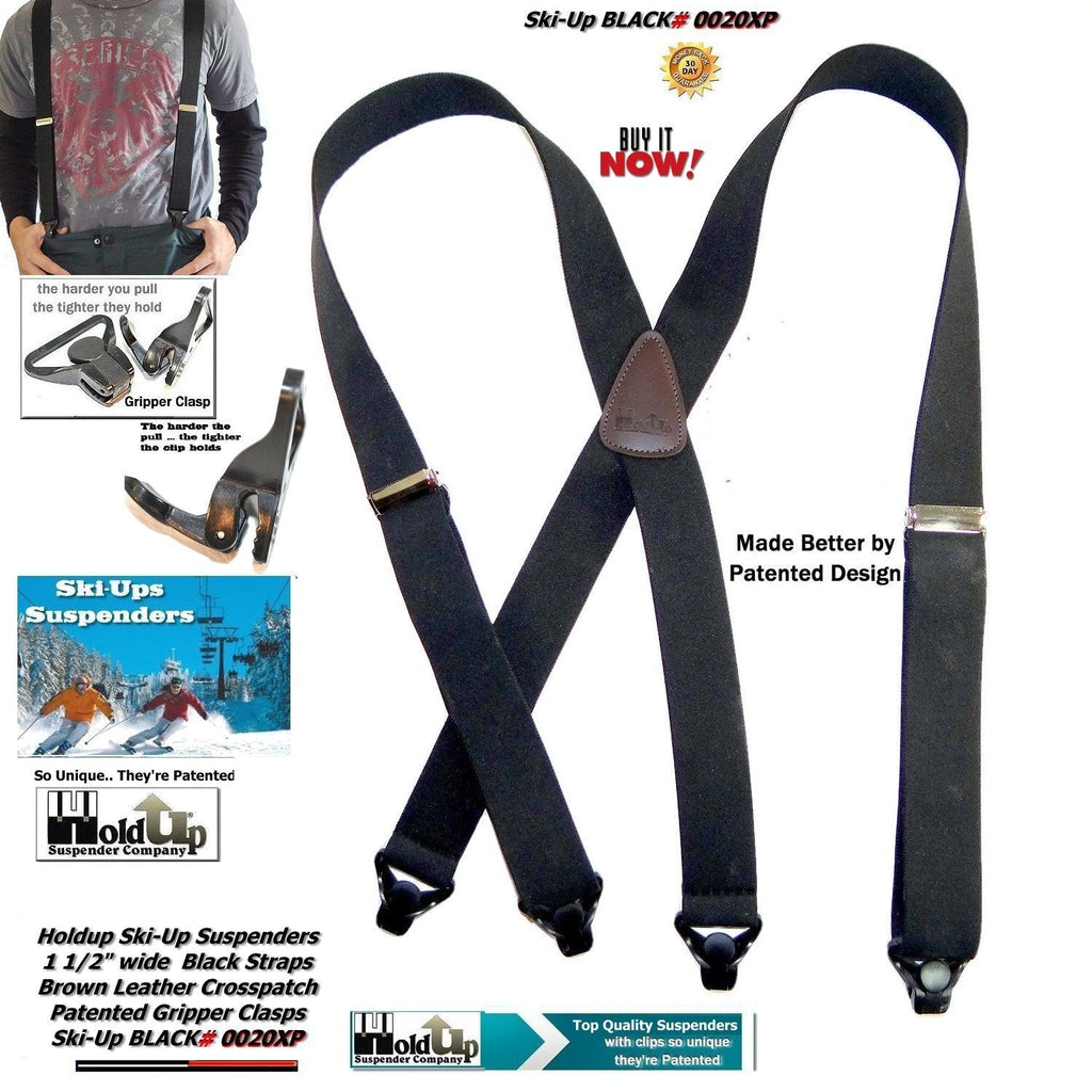 Holdup Brand 1 1/2" Wide Black Ski-Up X-back Suspenders with USA Patented Gripper Clasps