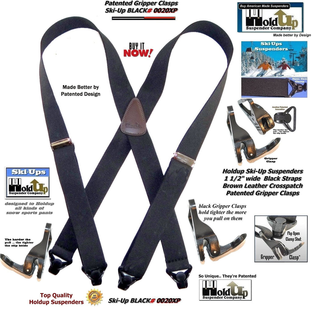 Holdup Brand 1 1/2" Wide Black Ski-Up X-back Suspenders with USA Patented Gripper Clasps