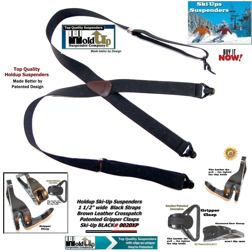 Holdup Brand 1 1/2" Wide Black Ski-Up X-back Suspenders with USA Patented Gripper Clasps
