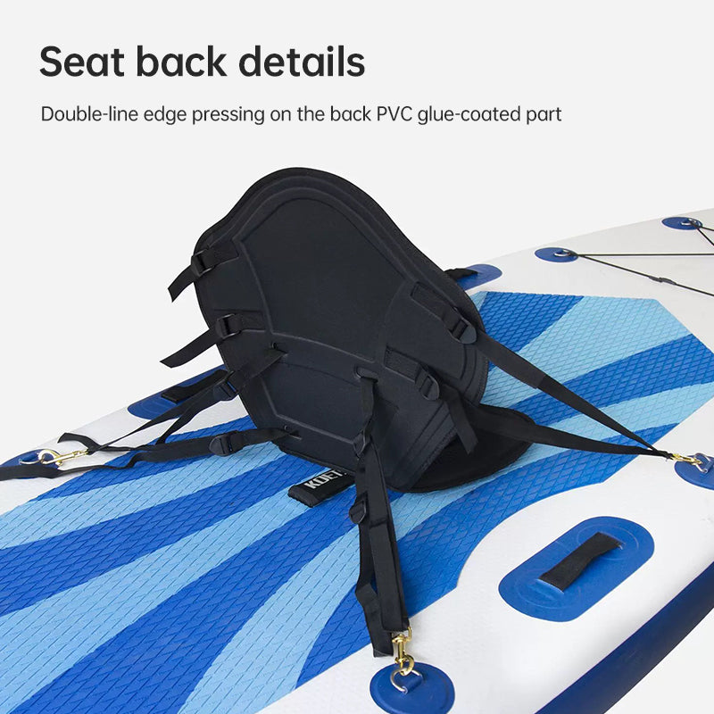 Adjustable padded seat for kayaks, paddleboards, canoes, with backrest, suitable for kayak, canoe, rafts, fishing.