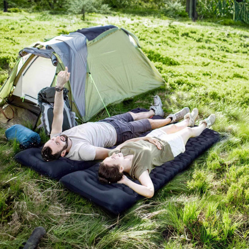 Outdoor double inflatable sleeping pad – with built-in pillow & pump, for camping, backpacking, hiking.