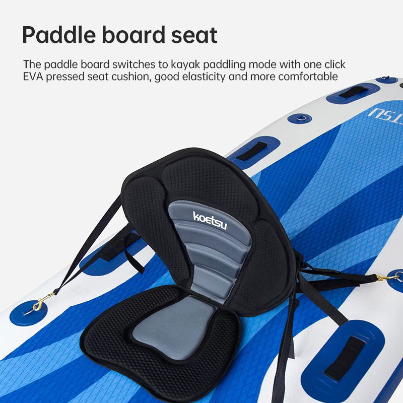 Adjustable padded seat for kayaks, paddleboards, canoes, with backrest, suitable for kayak, canoe, rafts, fishing.