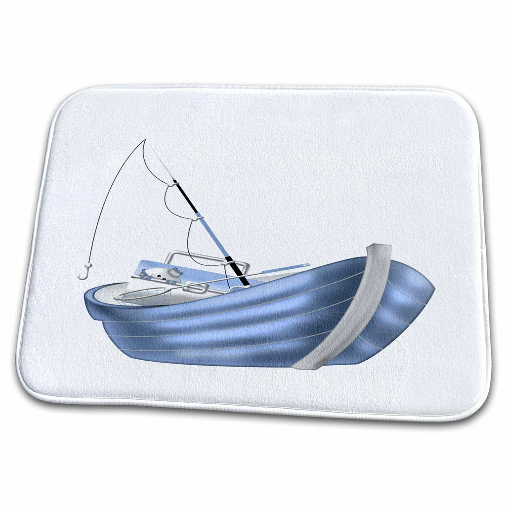 Dish Drying Mat - Blue Fishing Boat With Fishing Pole Illustration Fishing