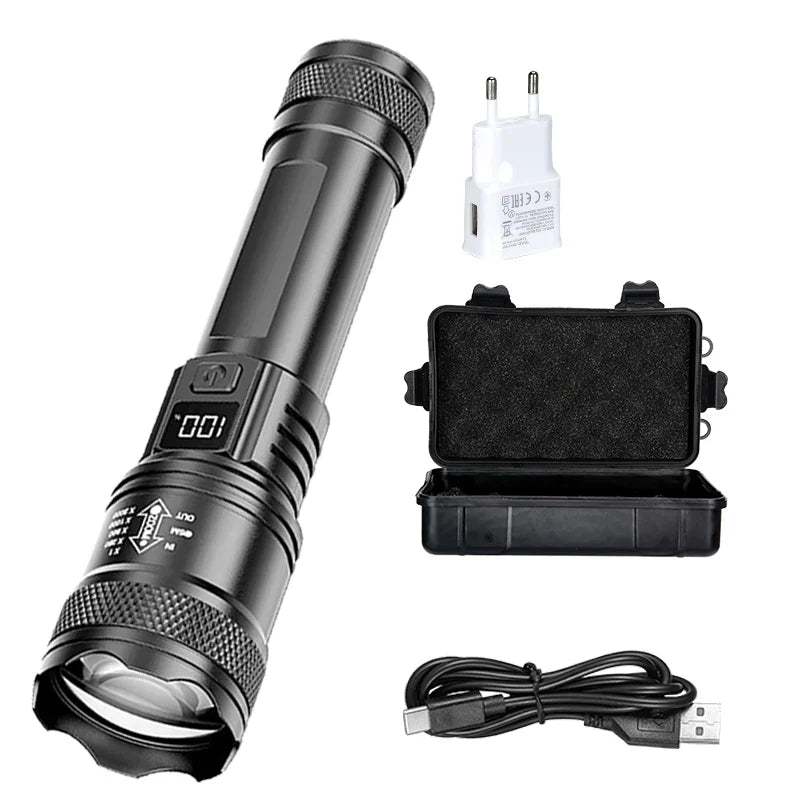 Rechargeable LED Flashlight Zoomable Torch with LCD Display 3 Modes Waterproof High Power Hand Light Outdoor Wilderness Camping