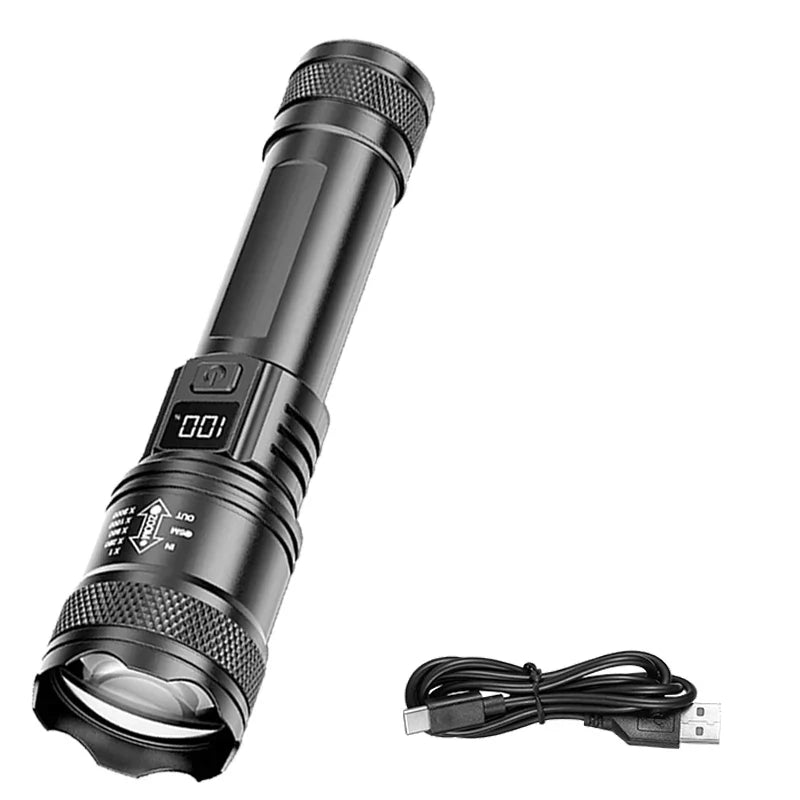 Rechargeable LED Flashlight Zoomable Torch with LCD Display 3 Modes Waterproof High Power Hand Light Outdoor Wilderness Camping