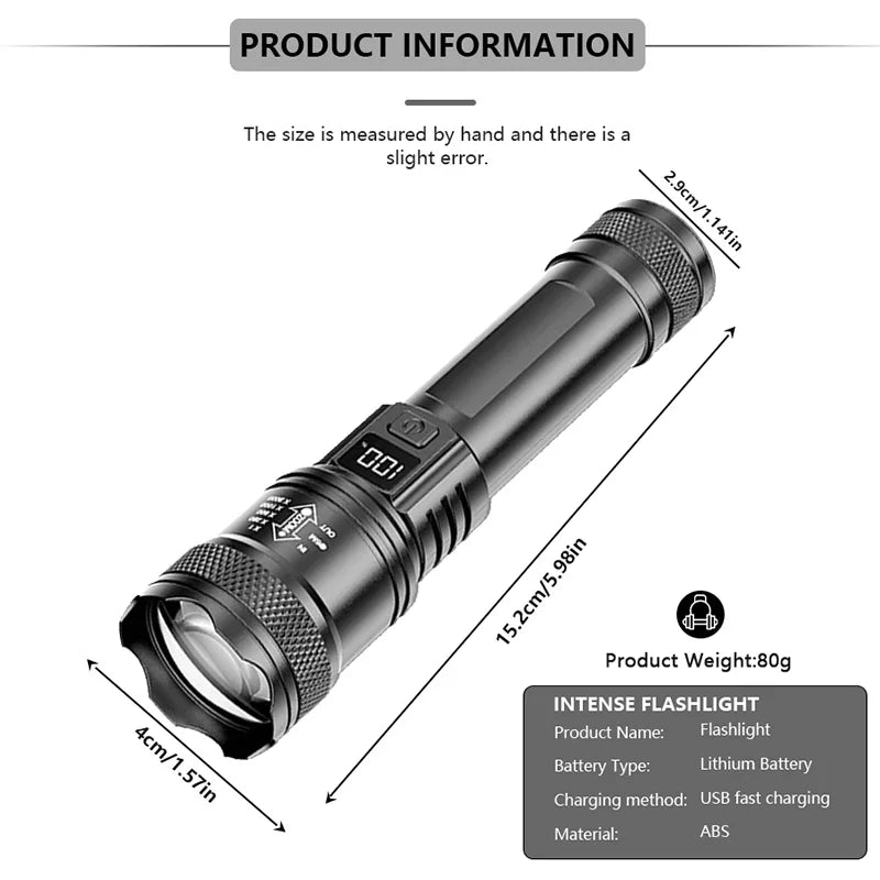 Rechargeable LED Flashlight Zoomable Torch with LCD Display 3 Modes Waterproof High Power Hand Light Outdoor Wilderness Camping